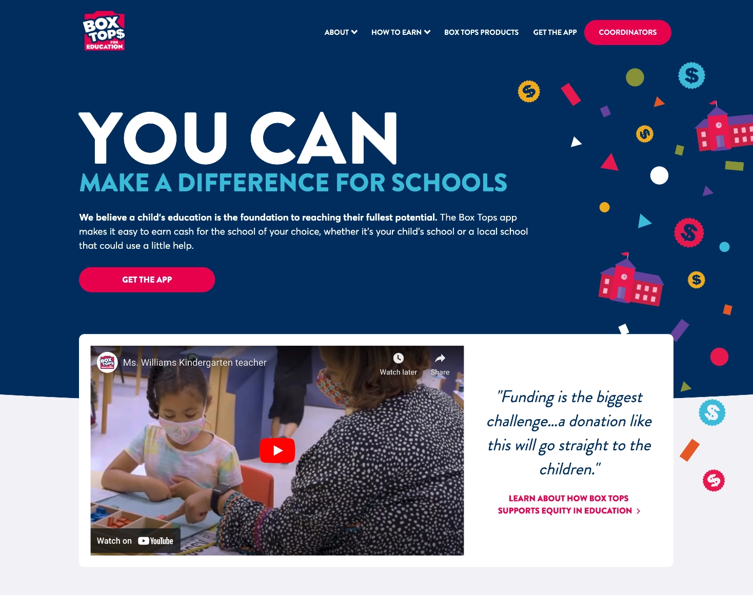Box Tops for Education Homepage featuring a schoolhouse illustration and the title You Can Make A Difference For Schools