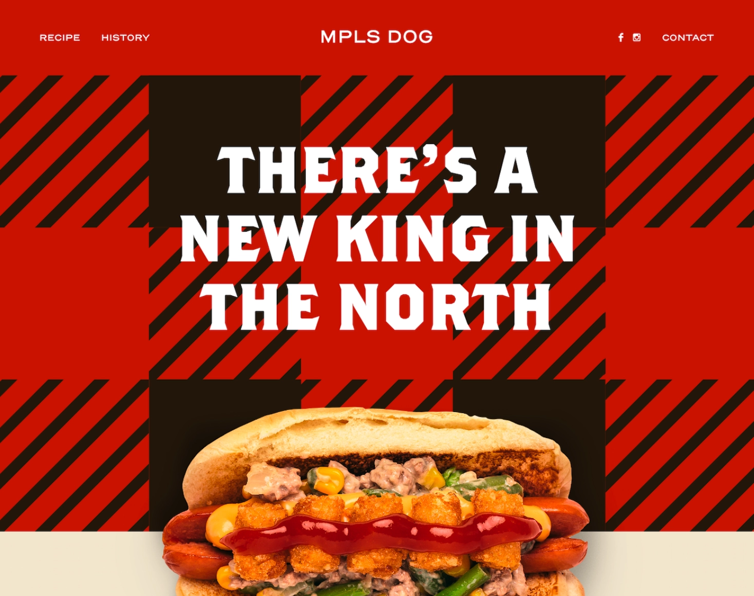 A website for MPLS Dog, featuring a buffalo pattern background with a large image of a hot dog with a hotdish topping.'