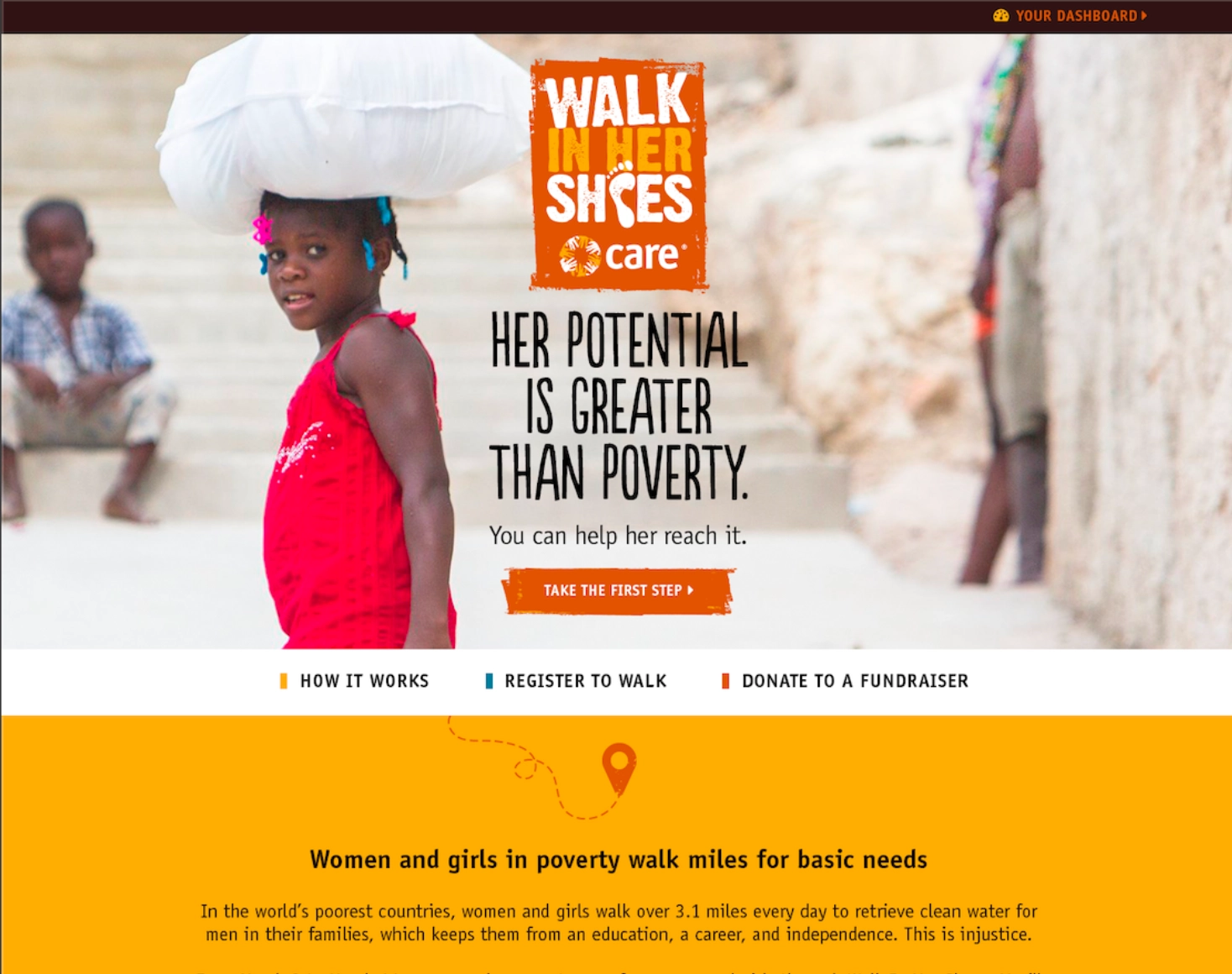 A website for Walk in Her Shoes, a charitable fundraising initiative, featuring a picture of a girl carrying a bag balancing on her head and the title 'HER POTENTIAL IS GREATER THAN POVERTY' with a button that says 'Take the first step'